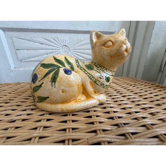 unbranded Other - Vintage 70's Ceramic Cat Crackle Glaze Hand Painted Olive Branch